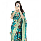 Women's Cotton Silk Floral Printed Saree With Unstitched Blouse 5.5Mtr (Turquoise)