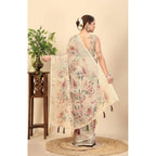 Women's Cotton Silk Floral Printed Saree With Unstitched Blouse 5.5Mtr (Cream)