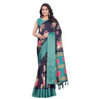 Women's Cotton Blend Floral Printed Saree With Unstitched Blouse 5.5Mtr (Navy Blue)