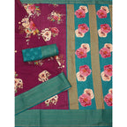Women's Cotton Blend Floral Printed Saree With Unstitched Blouse 5.5Mtr (Maroon)