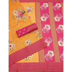 Women's Cotton Blend Floral Printed Saree With Unstitched Blouse 5.5Mtr (Yellow)