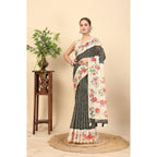 Women's Chanderi Floral Printed Saree With Unstitched Blouse 5.5Mtr (Black)