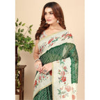 Women's Chanderi Floral Printed Saree With Unstitched Blouse 5.5Mtr (Green)