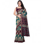 Women's Dupion Silk Block Printed Saree With Unstitched Blouse 5.5Mtr (Multicolor)