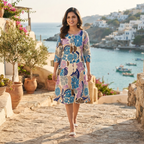 A woman wearing a knee-length floral dress with three-quarter sleeves stands on a stone path overlooking a coastal village and sea. The dress has a cream base with large blue, purple, and brown abstract floral motifs.