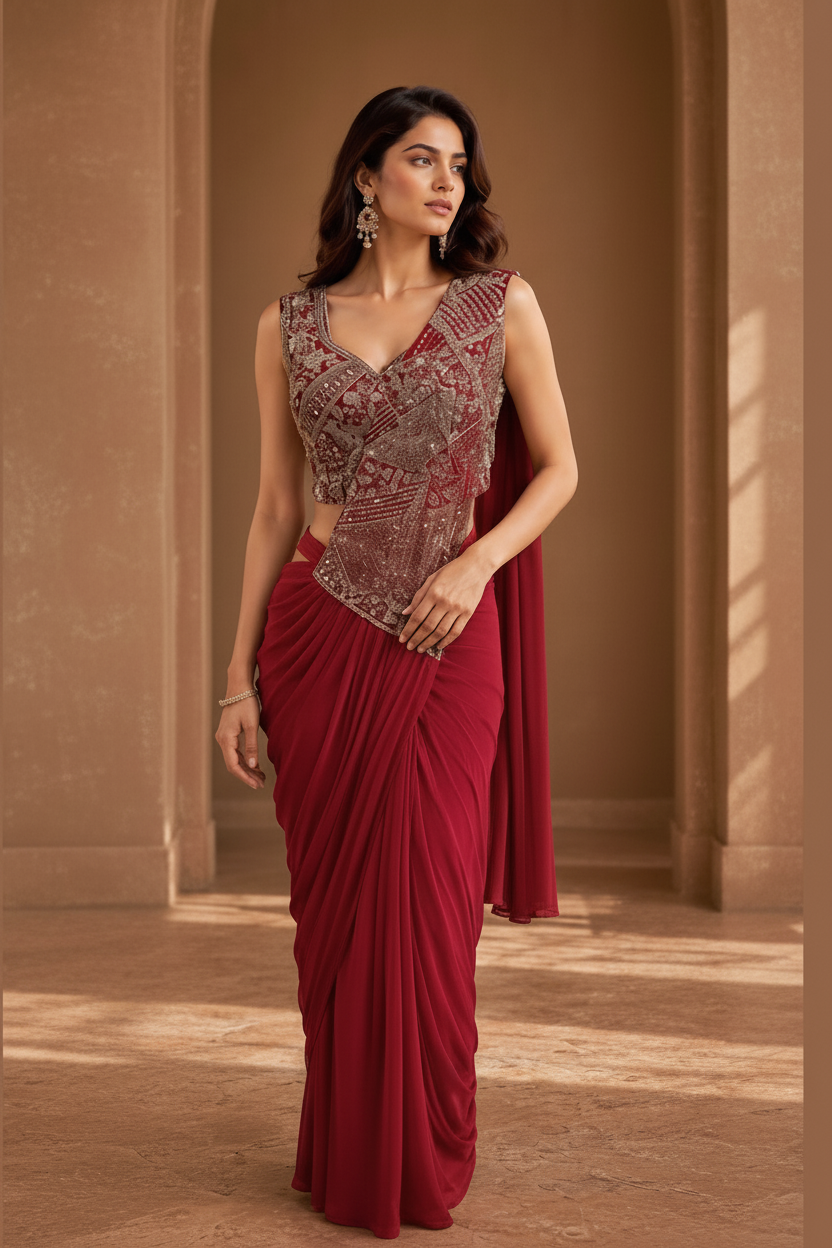 A woman modeling a deep maroon red saree with an intricately embroidered sleeveless bodice in silver and red tones, set against a warm brown studio backdrop.