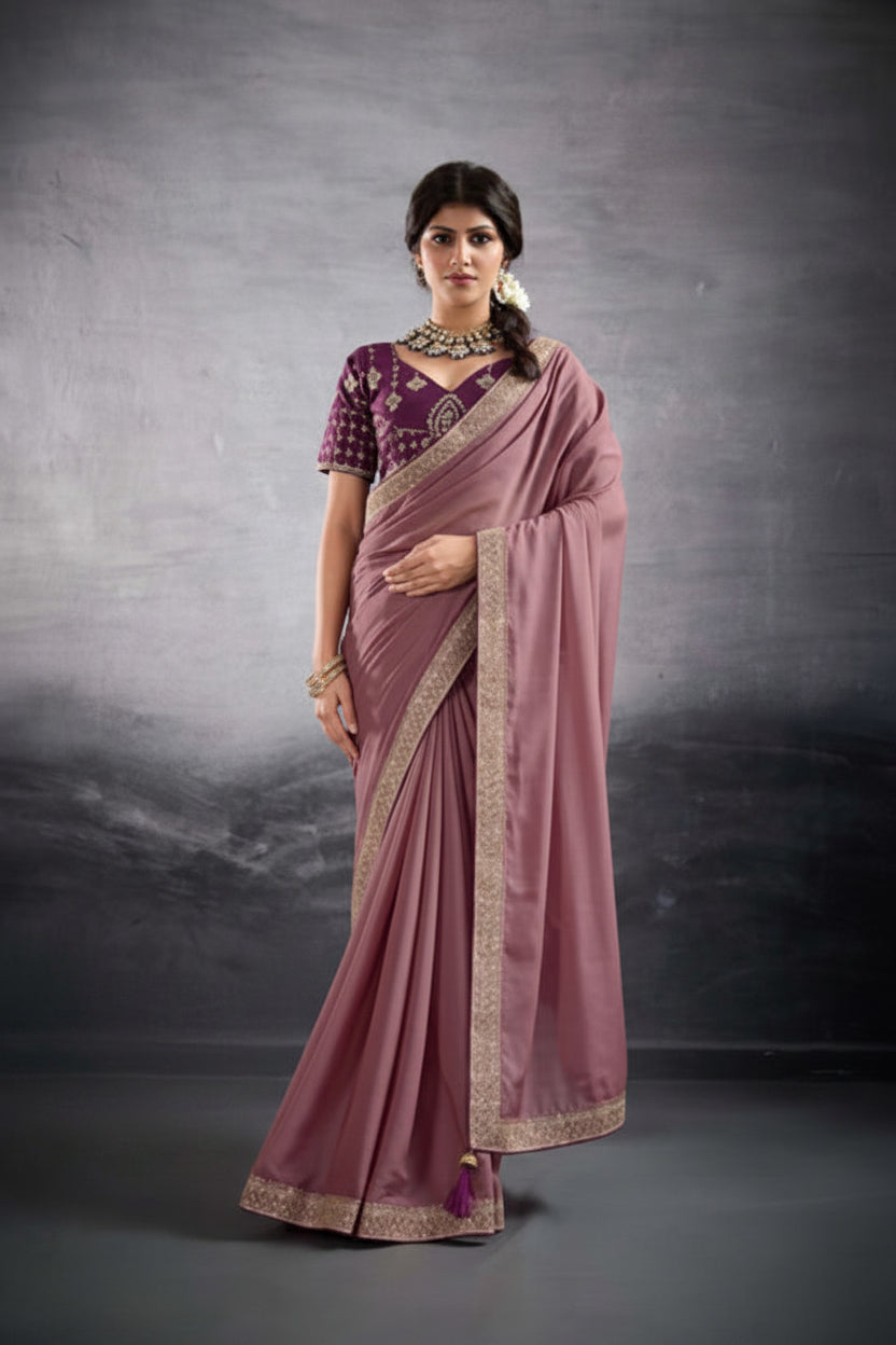 A woman modeling a purple and dusty pink saree with gold embroidery, shown in two side-by-side studio views against a dark gray background. The brand logo 'suma MEHAR 10001' is visible in the top right.