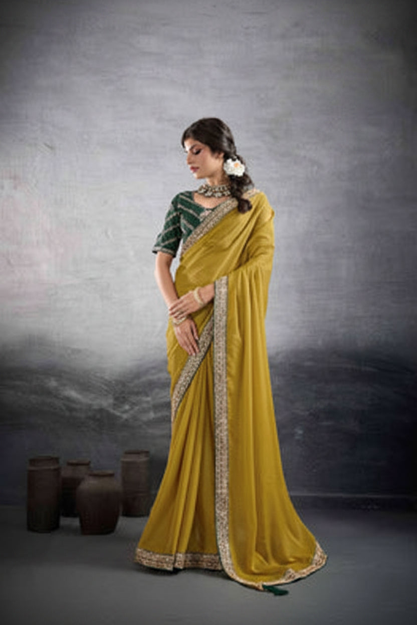 A woman modeling a mustard yellow saree with a dark green embroidered blouse, shown in a split-screen studio presentation with the brand name 'suma MEHAR 10004' in the top corners.