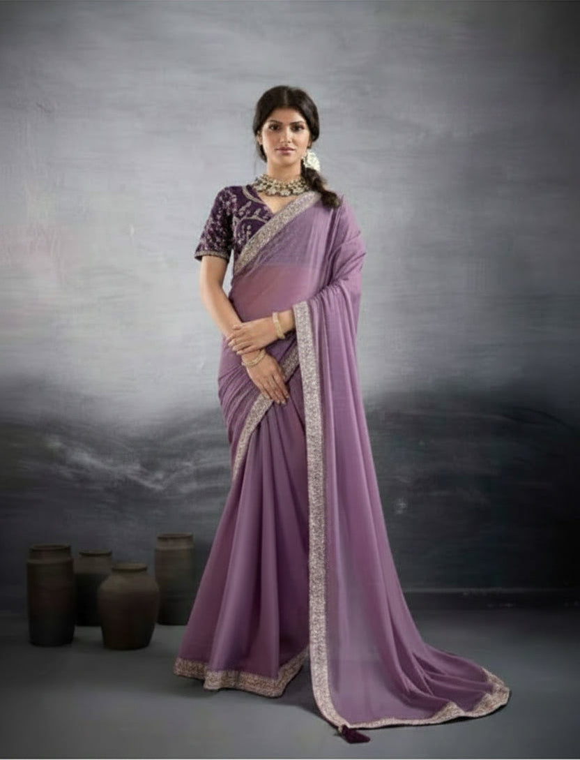 A woman modeling a lavender purple saree with a patterned dark purple blouse and a silver embroidered border, standing against a textured gray studio backdrop.