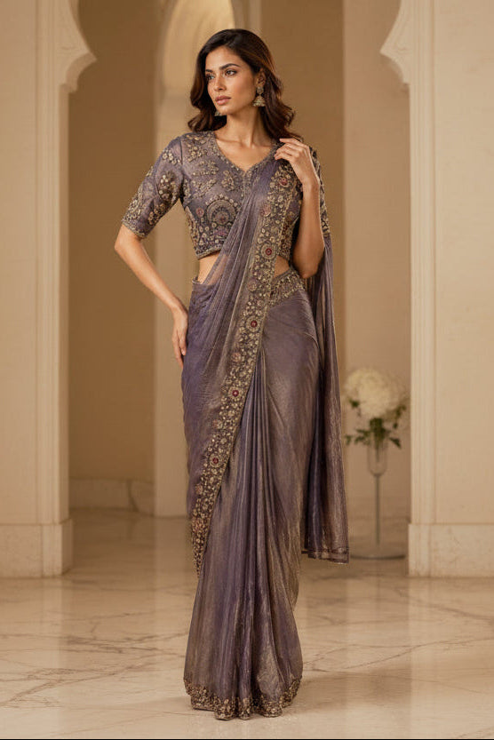 Two models wearing traditional Indian sarees side by side. The left model wears an olive green saree with gold embroidery, and the right model wears a dusty purple saree with gold embroidery.