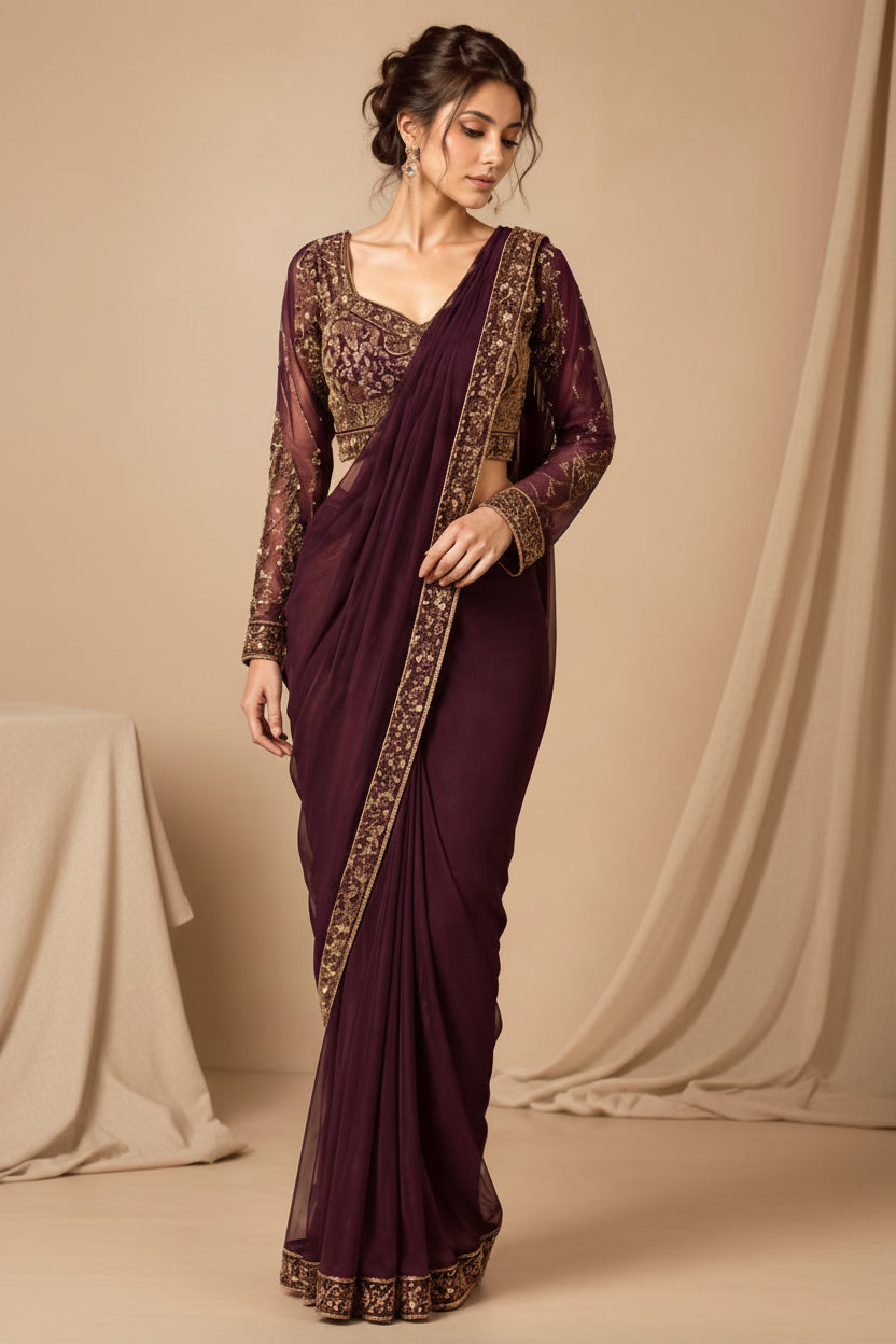 Two models wearing matching embroidered sarees side by side against a beige studio backdrop. The left saree is dark navy blue with gold embroidery, and the right saree is deep purple with gold embroidery.