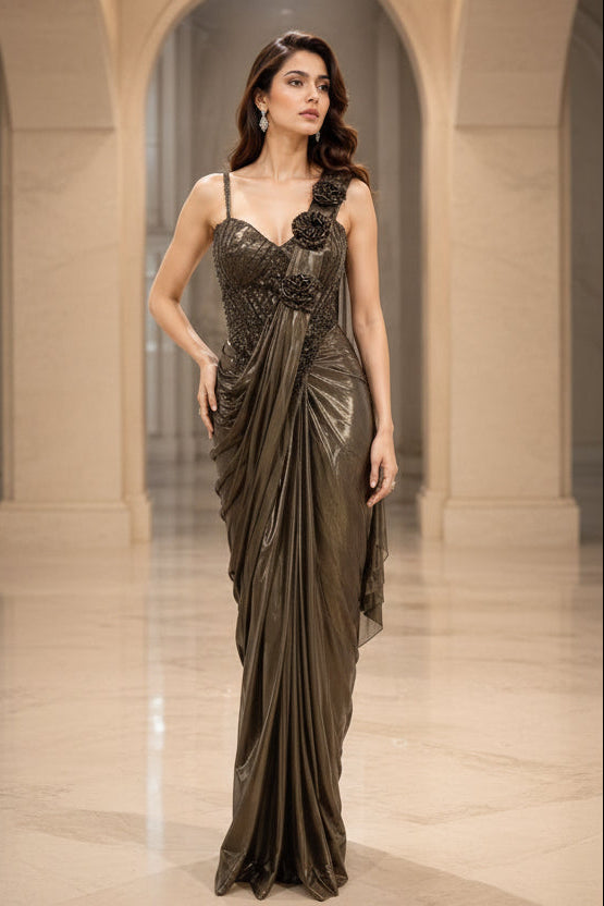A woman modeling a floor-length draped evening gown in a grand arched hall. The image shows the same dress twice side by side, once in deep navy blue and once in metallic taupe-brown, both with one-shoulder draping and embellished bodice details.