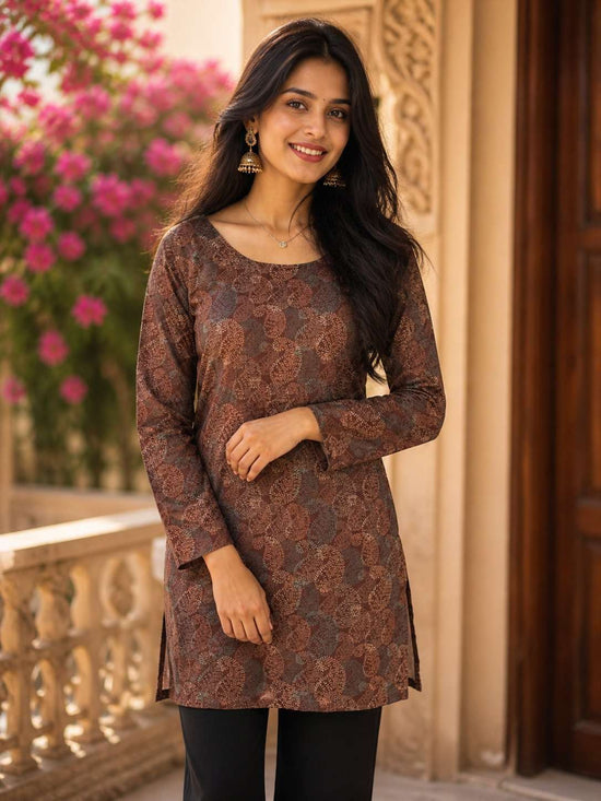 Rayon Digital Printed Kurti in Chocolate Brown for Daily & Casual Ethnic Wear