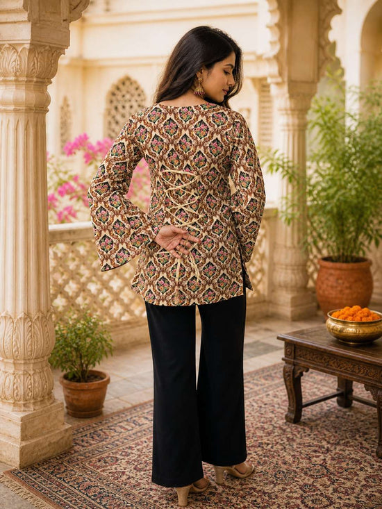 Rayon Digital Printed Kurti in Cream Gold for Daily & Casual Ethnic Wear