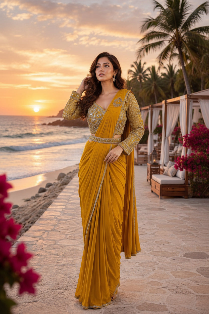A woman stands on a beach walkway at sunset wearing a flowing mustard yellow sari with heavily embellished gold sleeves and a matching embellished waistband. Palm trees, ocean, and lounge seating are visible in the background.