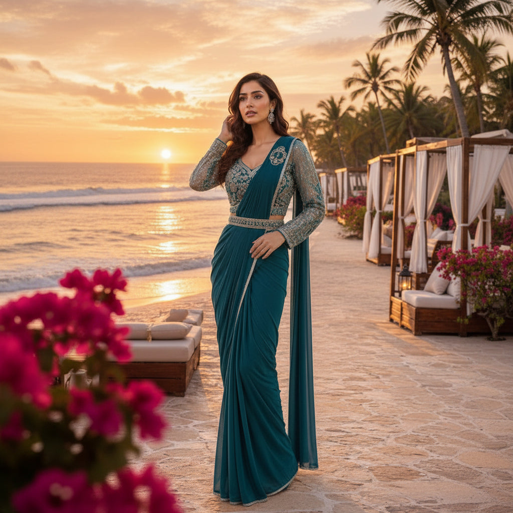 A woman stands on a beach at sunset wearing a teal saree with heavily embellished silver sleeves and a matching silver belt. The background features a tropical beach setting with palm trees, cabanas, and pink flowers in the foreground.