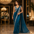 A woman models a teal blue saree with silver embroidery in an elegant indoor setting with chandeliers and marble floors.