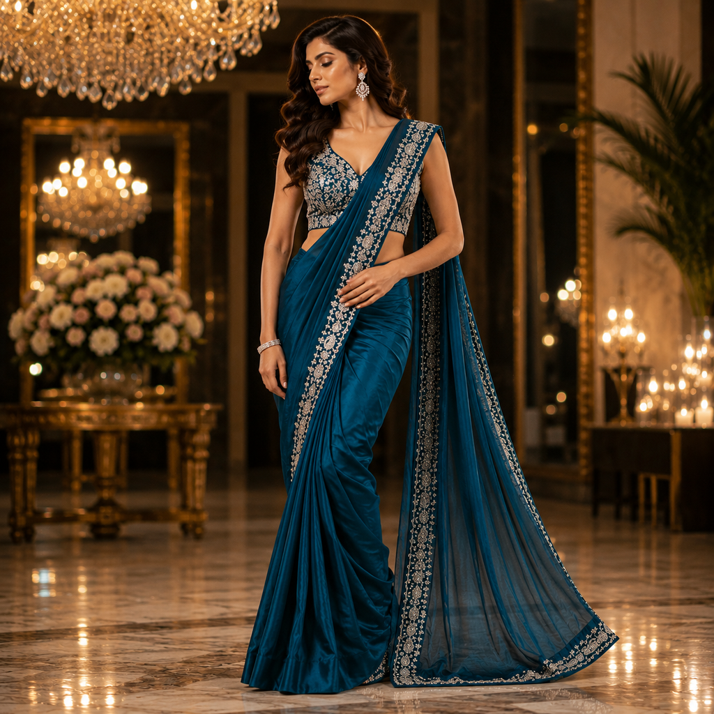 A woman models a teal blue saree with silver embroidery in an elegant, warmly lit indoor setting with chandeliers and marble floors.