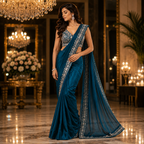 A woman models a teal blue saree with silver embroidery in an elegant, warmly lit indoor setting with chandeliers and marble floors.