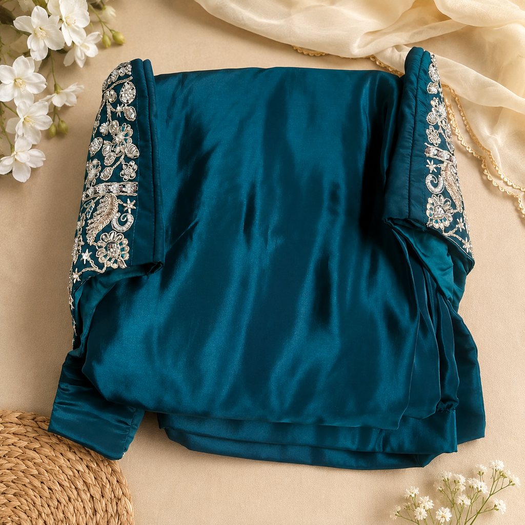 A folded teal blue satin kurta with intricate silver and white floral embroidery on the sleeves, displayed on a beige fabric background with decorative white flowers and a woven mat.