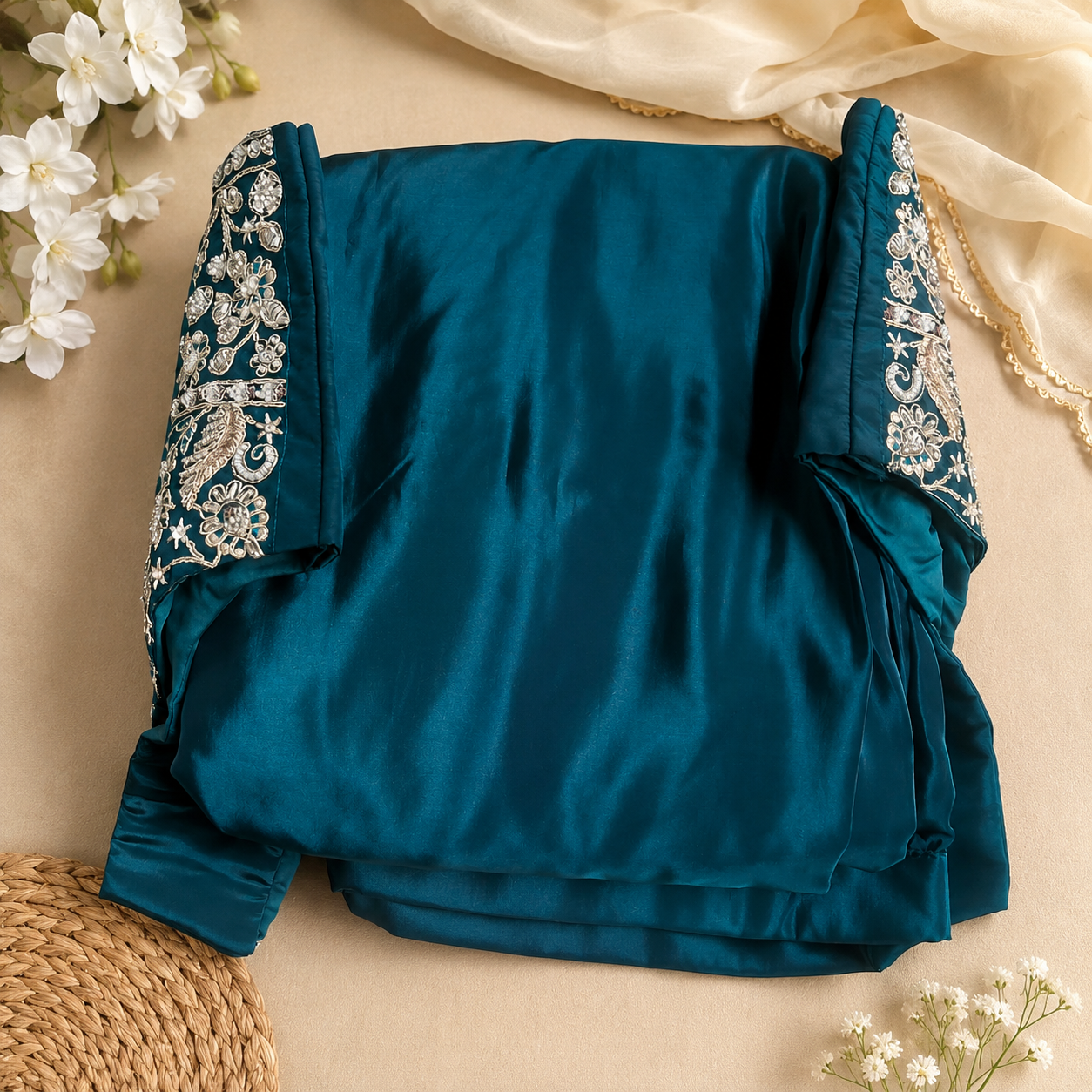 A folded teal blue satin kurta with intricate silver and white floral embroidery on the sleeves, displayed on a beige fabric background with decorative white flowers and a woven mat.