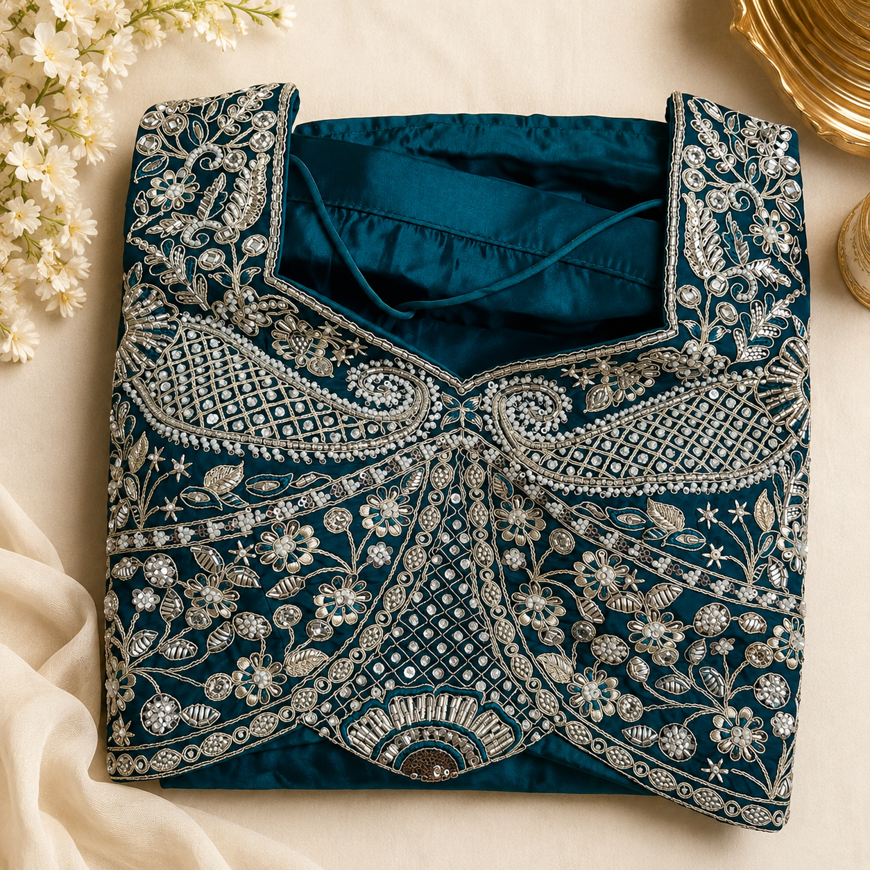 A folded dark teal blue embroidered blouse top with intricate silver and white floral embroidery, displayed on a beige fabric background with decorative white flowers and a gold bowl.