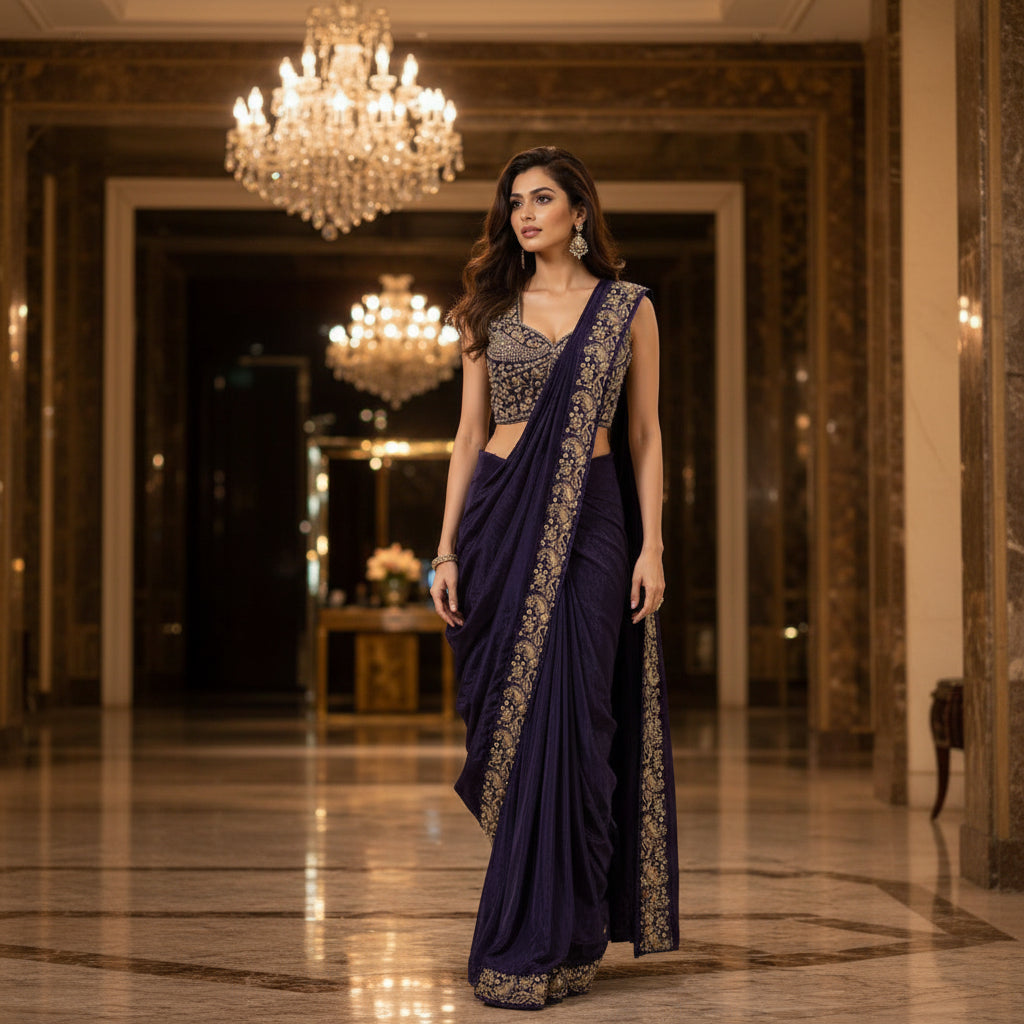 Woman in a dark blue saree with gold embroidery in an elegant indoor setting.