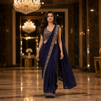 A woman models a deep navy blue saree with an ornate gold embroidered border and a matching embellished sleeveless blouse in an elegant indoor setting with chandeliers and marble floors.
