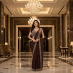 Woman in a brown saree with intricate detailing in an elegant indoor setting
