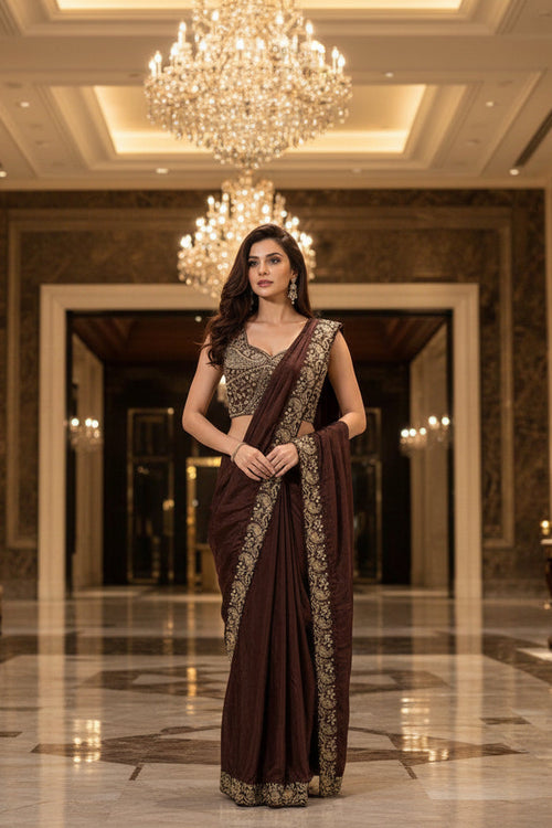 Woman in a brown saree with intricate detailing in an elegant indoor setting