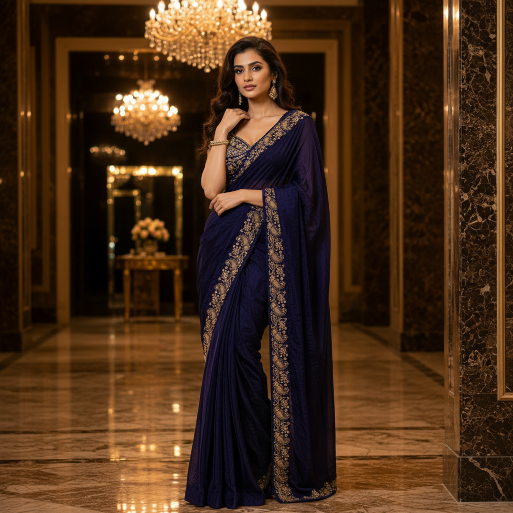 A woman models a deep navy blue saree with intricate gold floral embroidery on the border and blouse, set against a luxurious interior with marble floors and chandeliers.
