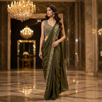 Olive Green Chinon Heavy Embroidery Ready-to-Wear Designer Saree with Stitched Blouse