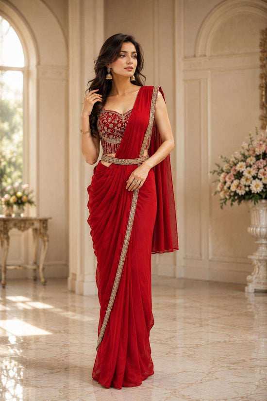 Classic Red Embroidered Ready-to-Wear Saree with Stitched Blouse