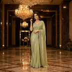Sage Green Chinon Heavy Embroidery Ready-to-Wear Designer Saree with Stitched Blouse