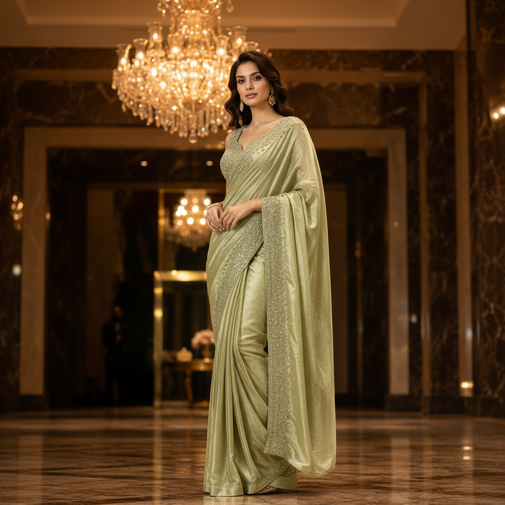 Sage Green Chinon Heavy Embroidery Ready-to-Wear Designer Saree with Stitched Blouse
