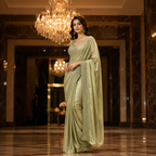 Sage Green Chinon Heavy Embroidery Ready-to-Wear Designer Saree with Stitched Blouse