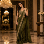 A woman models an olive green saree with intricate gold embroidery in an elegant, warmly lit indoor setting with marble floors and chandeliers.