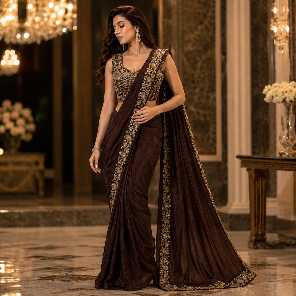A woman models a dark brown georgette saree with ornate gold embroidery on the border and a heavily embellished gold embroidered blouse, set in an elegant, dimly lit indoor hall with marble floors and chandeliers.