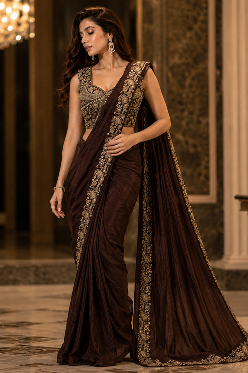 A woman models a dark brown georgette saree with ornate gold embroidery on the border and a heavily embellished gold embroidered blouse, set in an elegant, dimly lit indoor hall with marble floors and chandeliers.