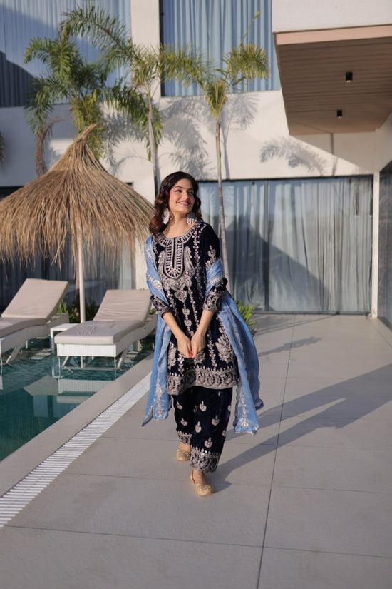 Velvet Zari Embroidered Salwar Suit Set with Sequins Fendi Dupatta