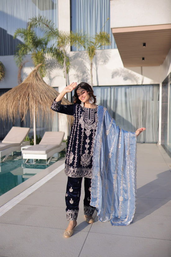 Velvet Zari Embroidered Salwar Suit Set with Sequins Fendi Dupatta