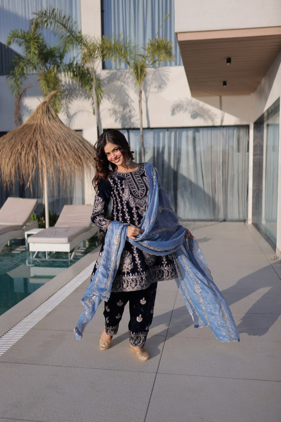 Velvet Zari Embroidered Salwar Suit Set with Sequins Fendi Dupatta