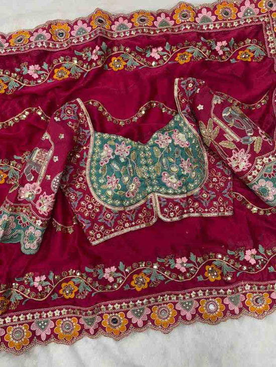 Rangoli Silk Embroidered Saree with Mirror Work & Stitched Banglory Silk Blouse