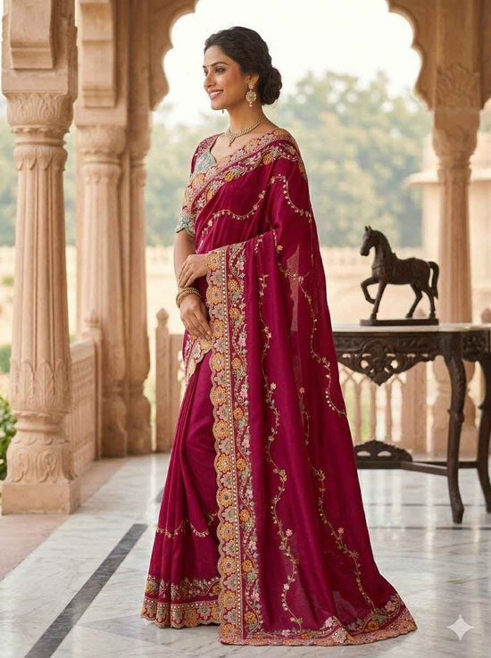 Rangoli Silk Embroidered Saree with Mirror Work & Stitched Banglory Silk Blouse