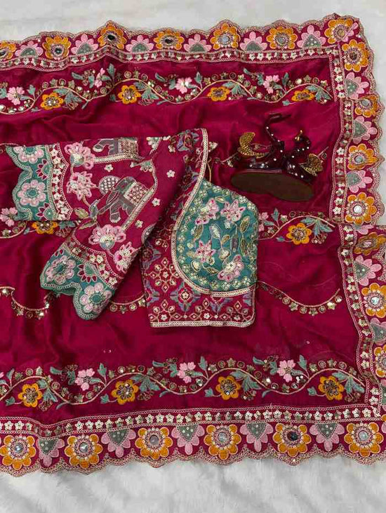 Rangoli Silk Embroidered Saree with Mirror Work & Stitched Banglory Silk Blouse