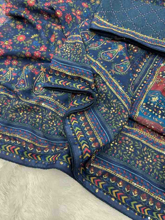 Pure Georgette Printed Saree with Sequins & Diamond Work