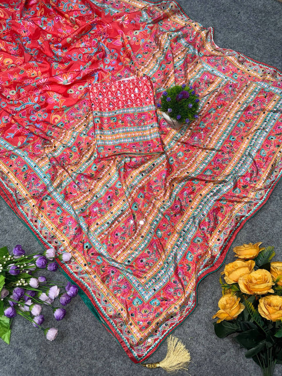 Soft Chinon Silk Digital Print Mirror Hand Work Saree with Unstitched Blouse