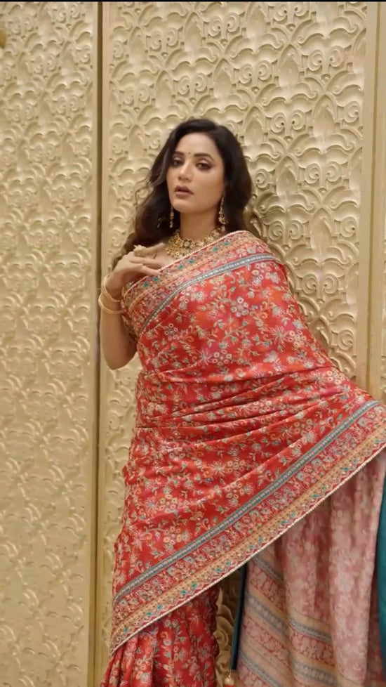 Soft Chinon Silk Digital Print Mirror Hand Work Saree with Unstitched Blouse