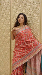 Soft Chinon Silk Digital Print Mirror Hand Work Saree with Unstitched Blouse
