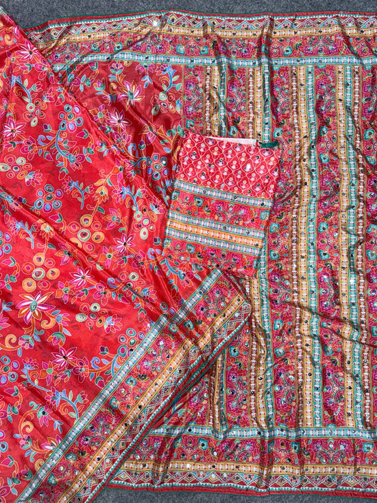 Soft Chinon Silk Digital Print Mirror Hand Work Saree with Unstitched Blouse